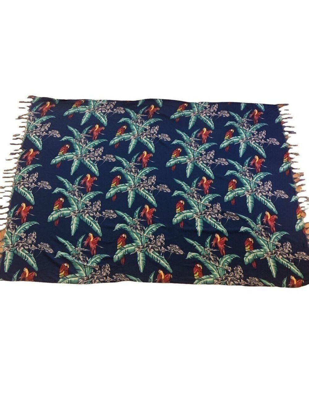 Sarong wrap with colorful tropical print parrots palm trees tassels 42”x54”
